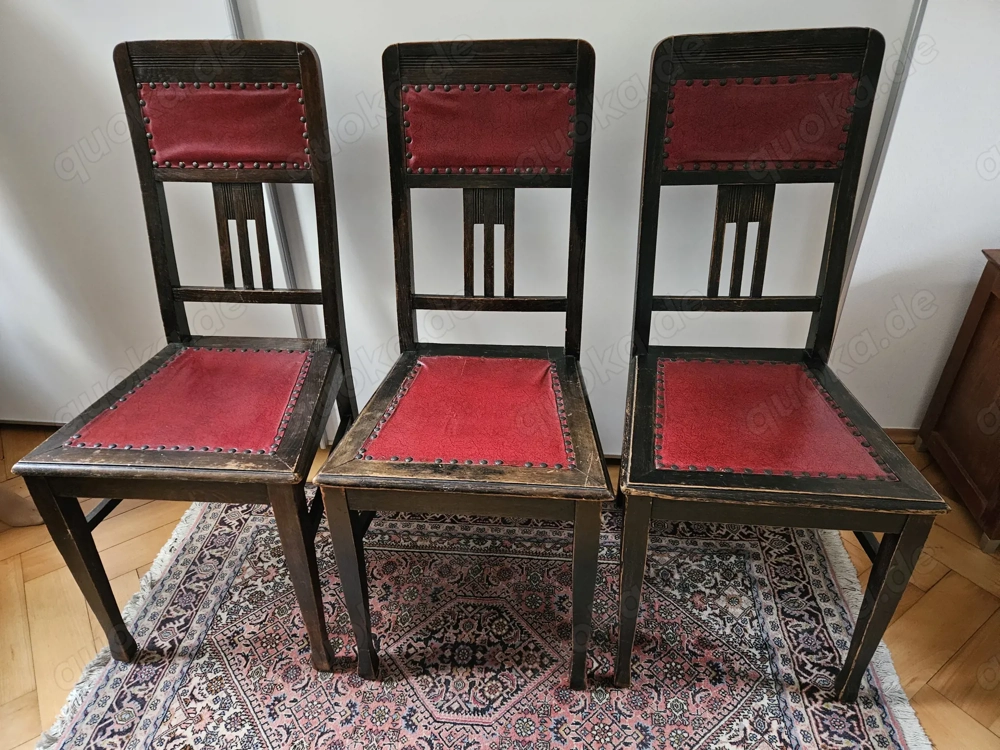 Antik! 3 massive, stabile Holzstühle Jugendstil Ledersitz Eiche ca. 1920 Schnitzerei TOP! 
