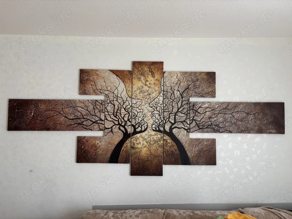 Großes 5-teiliges Wandbild, Baum, Gesichter, in Braun-Gold