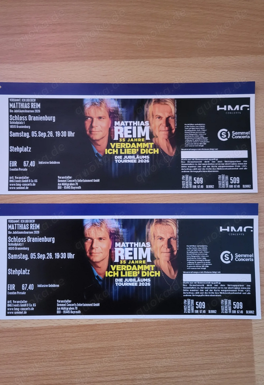 Biete 2 Konzert Karten von Matthias Reim an.