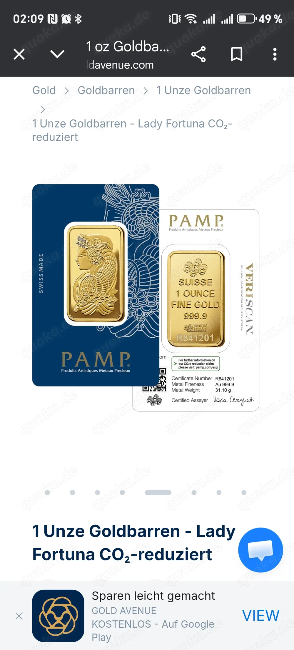 Feingoldbarren 1.OZ Pamp