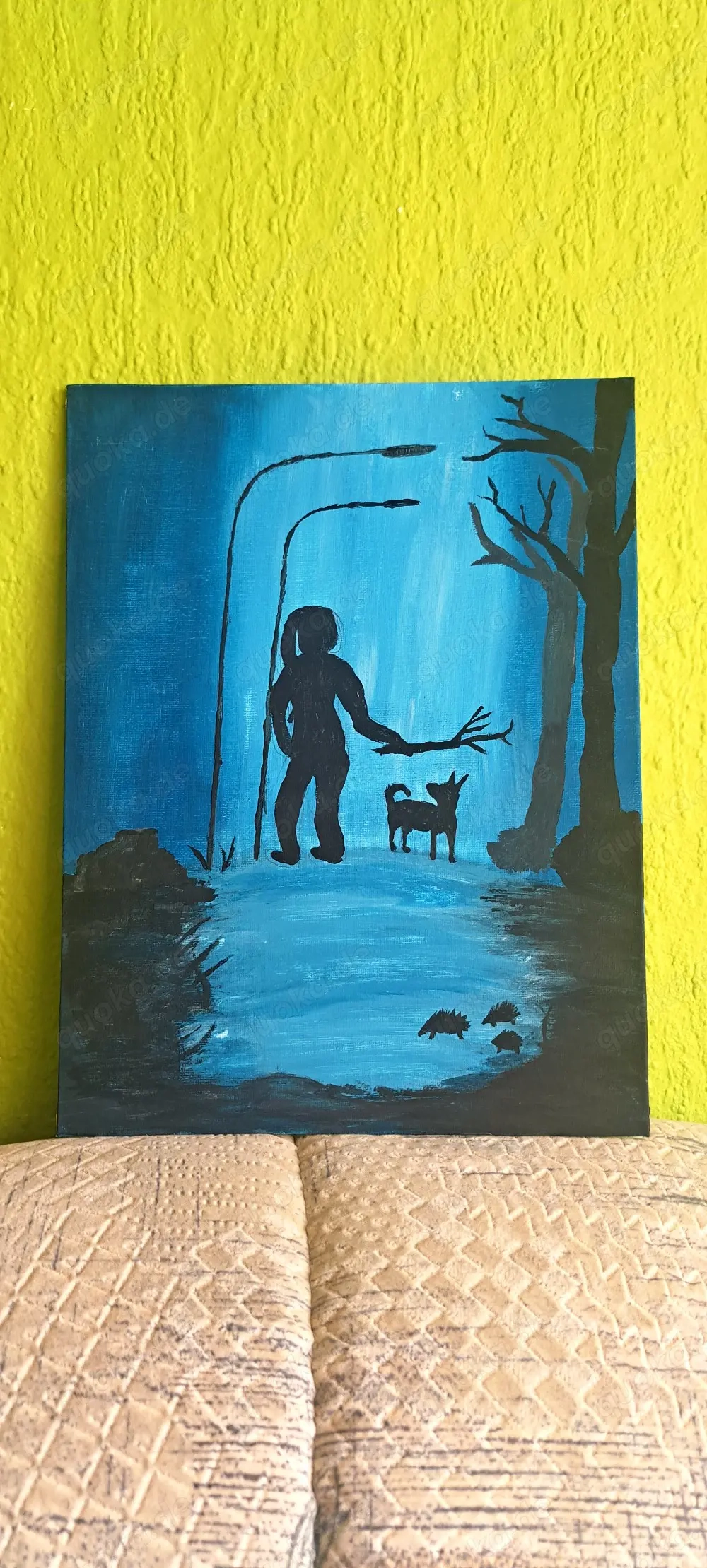   Abendspaziergang: Handgemaltes Acrylbild mit Hund & Igeln