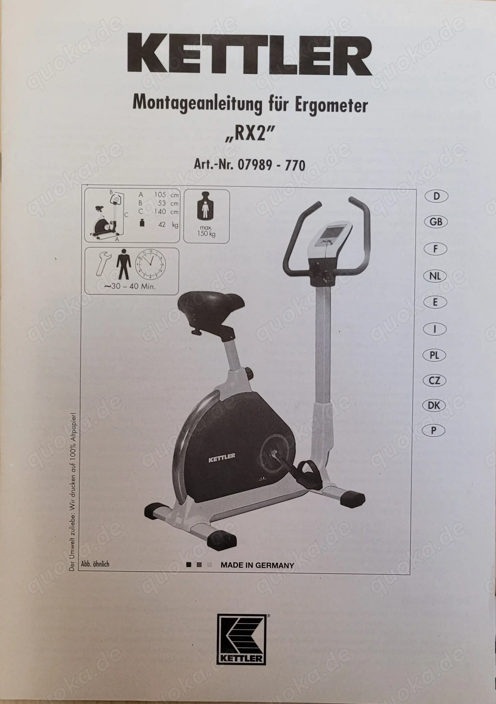 Kettler RX2 Ergometer zu verkaufen