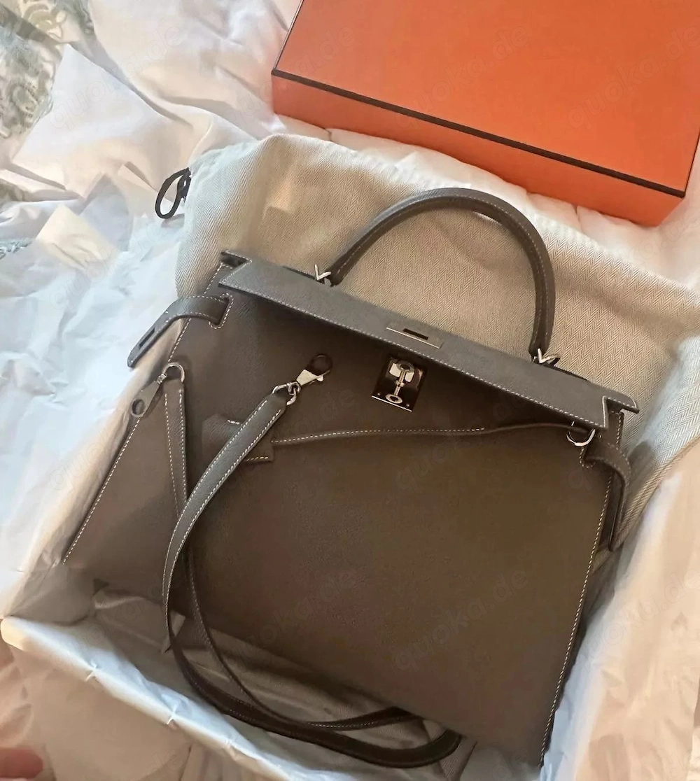 Hermes Kelly Bag 32 Etoupe Mit Rechnung, Box, Staubbeutel
