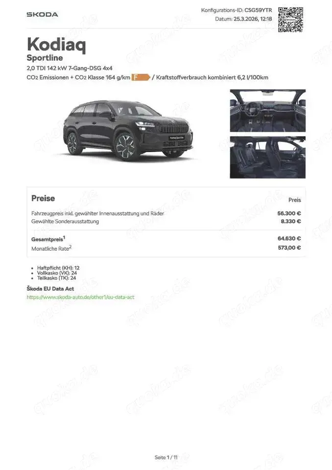 Skoda Kodiaq 2.0 TDI 142 kW 4x4 Sportline incl. Fahrassistenz