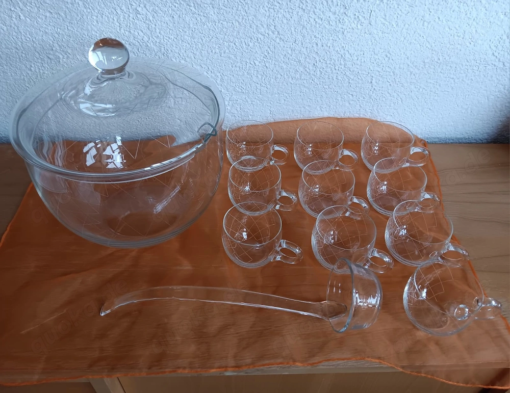 Vintage Glasbowle mit 10 Gläsern