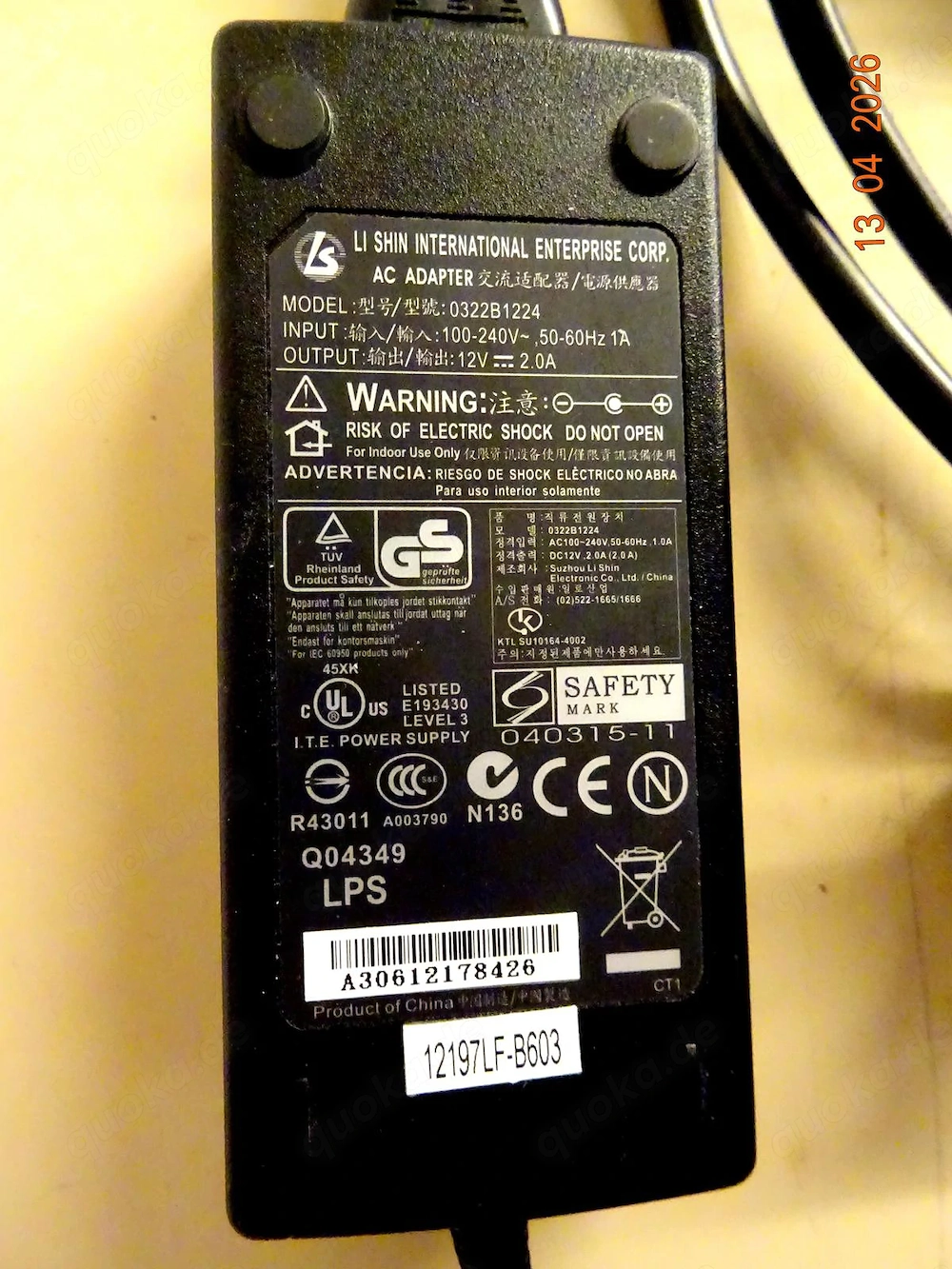  Ladegerät Netzteil Adapter Laptop LI SHIN 0322B1224   