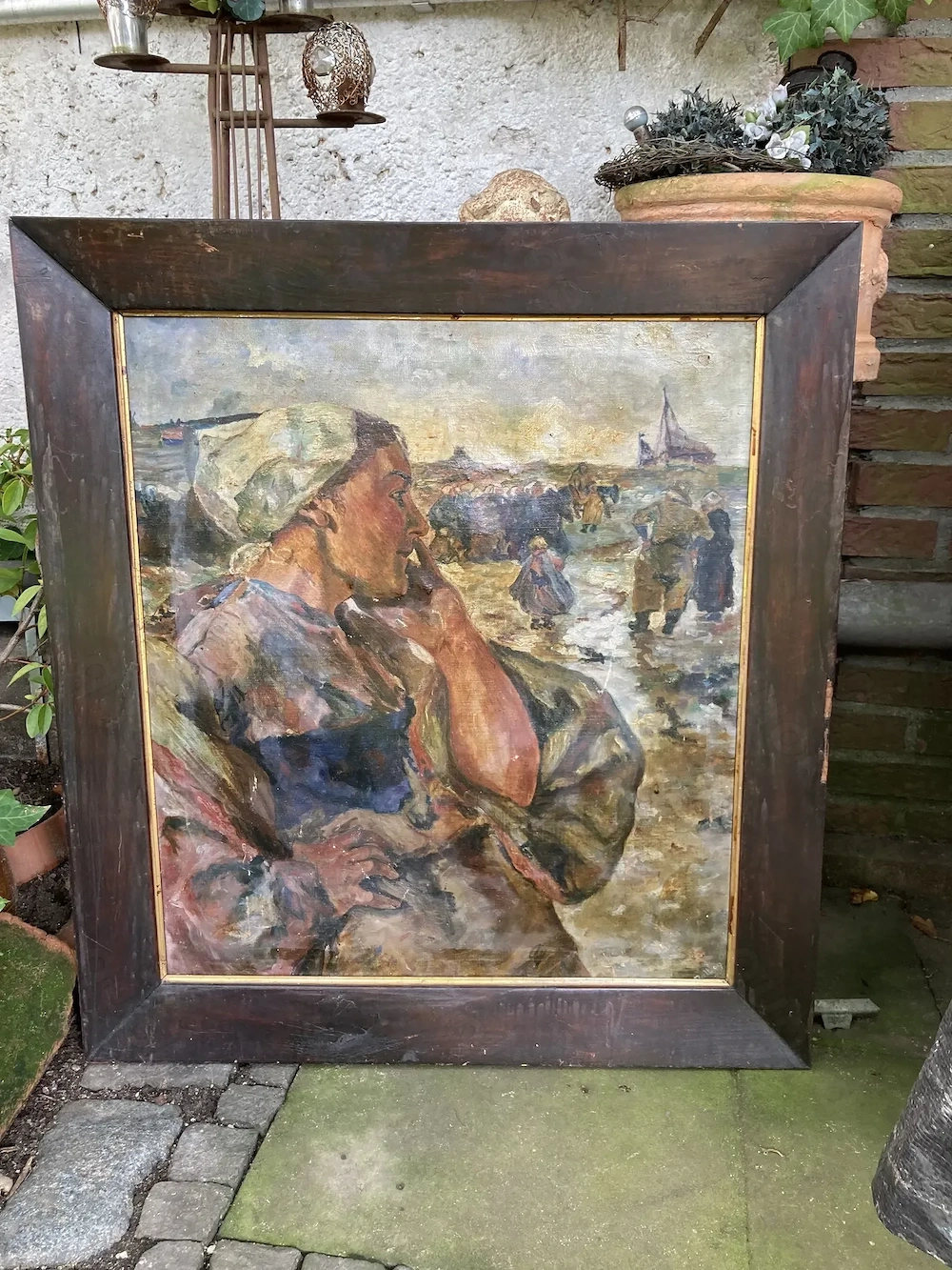 vintage Bild     Gemälde   Leinwand    in alten Holzrahmen    " Strand v. Katwijk "