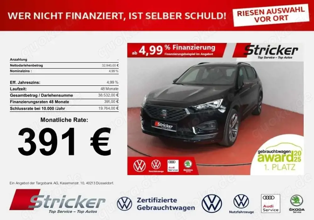 SEAT Tarraco FR 2.0TDI 4x4 391,-ohne Anzahlung Navi AHK Beats