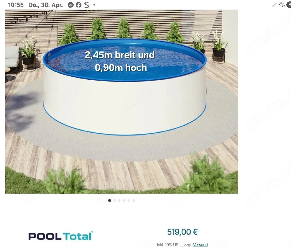 Pool,  der ist 245 cm Durchmesser und 90cm tief 