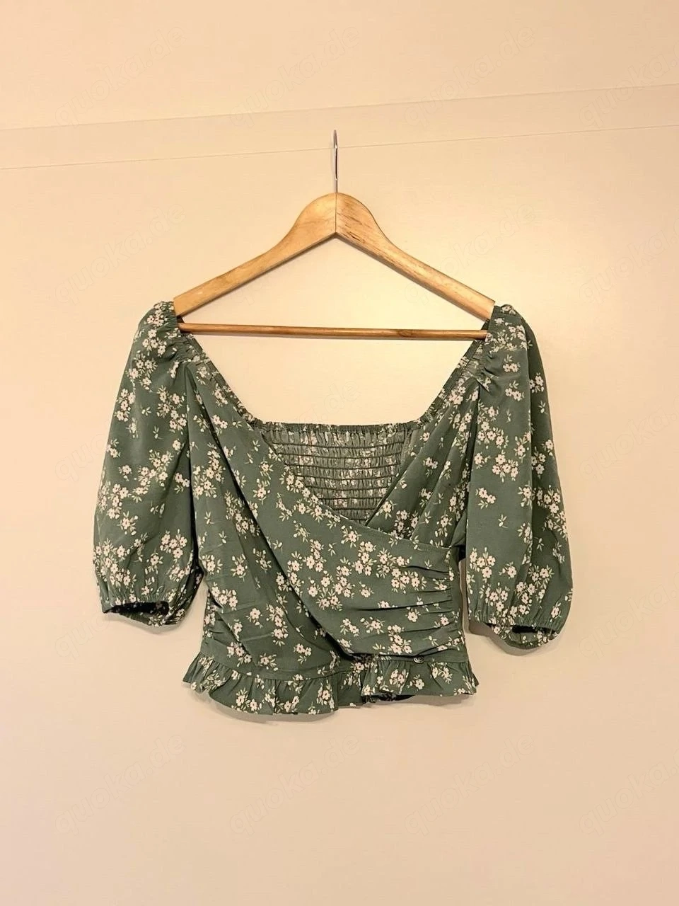 Damen Bluse Crop Wickelbluse Grün Blumen Puffärmel Größe S Sommer