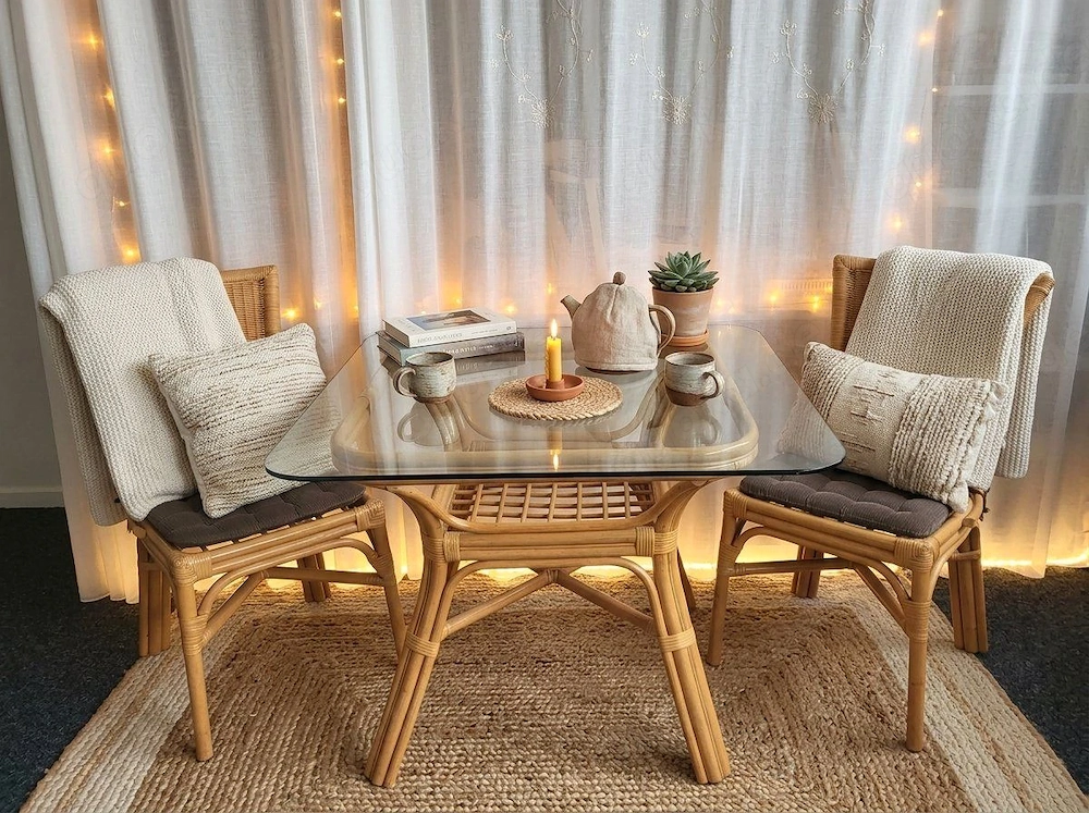 Glastisch 2 Stühle Rattan Holzgeflecht Sitzgruppe Tisch & Stuhl