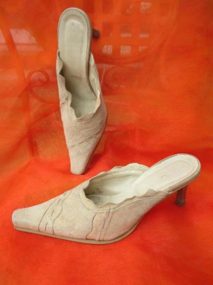 Original VINTAGE Kalbs Velours Echt Leder High Heels Sabot Mules Pumps ROLAND Gr. 37  4 crem - beige