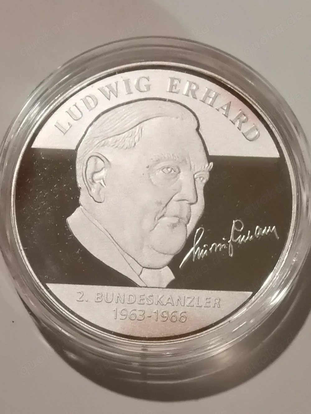 Gedenkprägung "Ludwig Erhard" vollversilbert, Polierte Platte