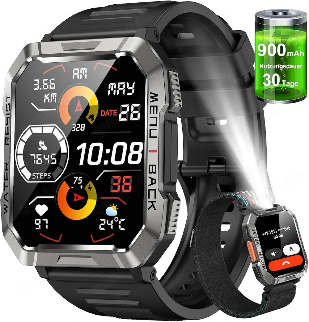 Luxus Militär-Smartwatch 100 Sportmodis. IP68 Alulegierung HDDisplay Sprachassistent 900mAh Akku