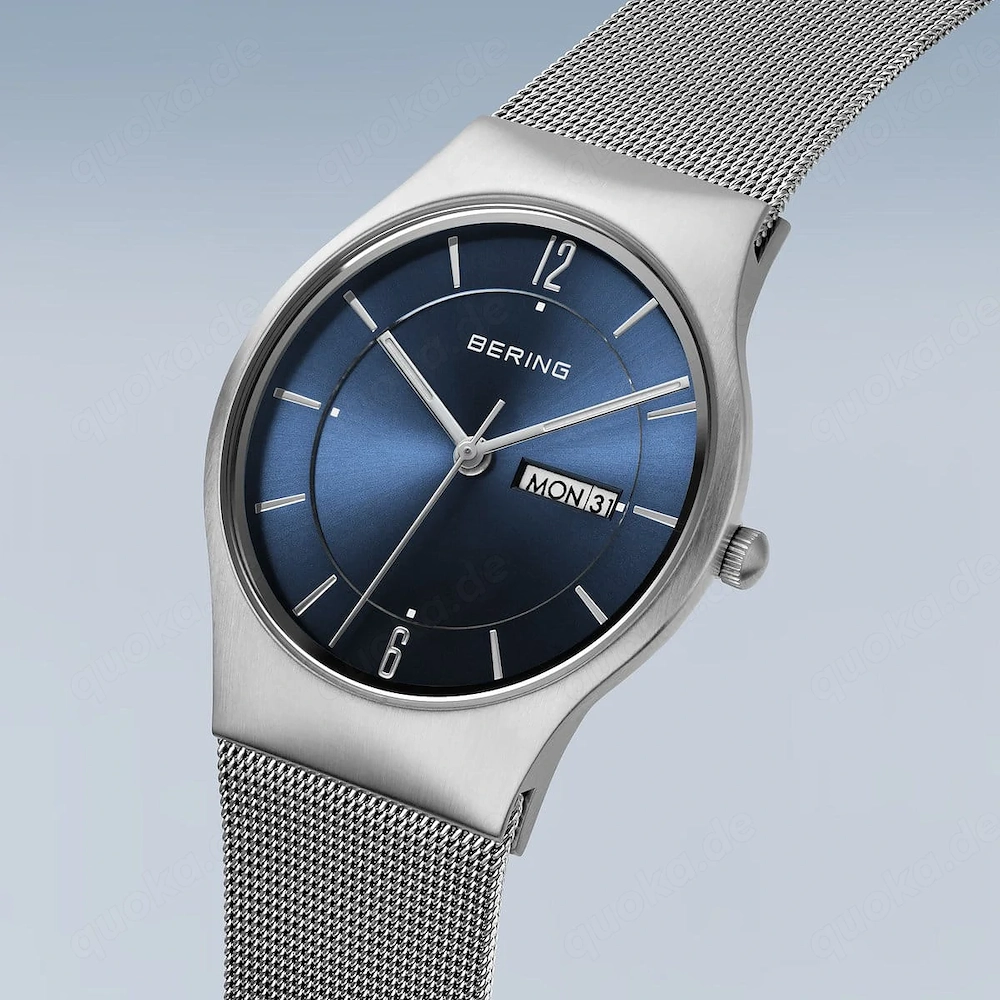 BERING Luxus Quarz Armbanduhr mit Milanaise Armband blau Saphirglas
