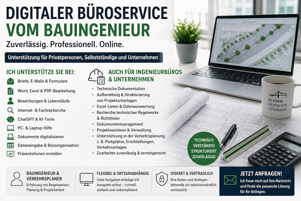Bauingenieur bietet digitalen Büroservice | Profi-Hilfe für Dokumente, PC & Projektunterstützung