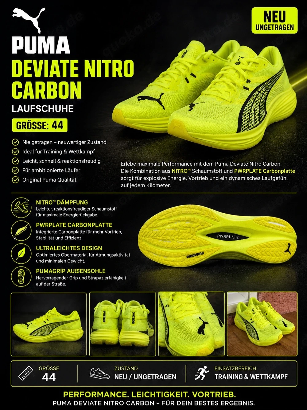Puma Deviate Nitro Carbon Laufschuhe Gr. 44   Neon-Gelb | Wie Neu