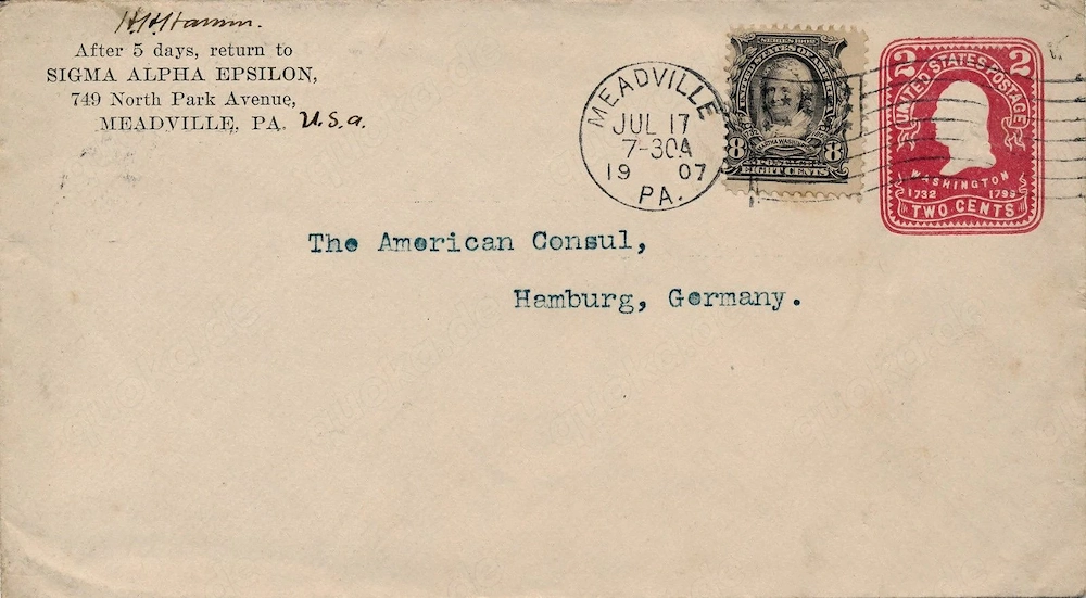 Washington-Ehepaar Frankatur auf US-Konsulatsbrief von 1907 (T117)