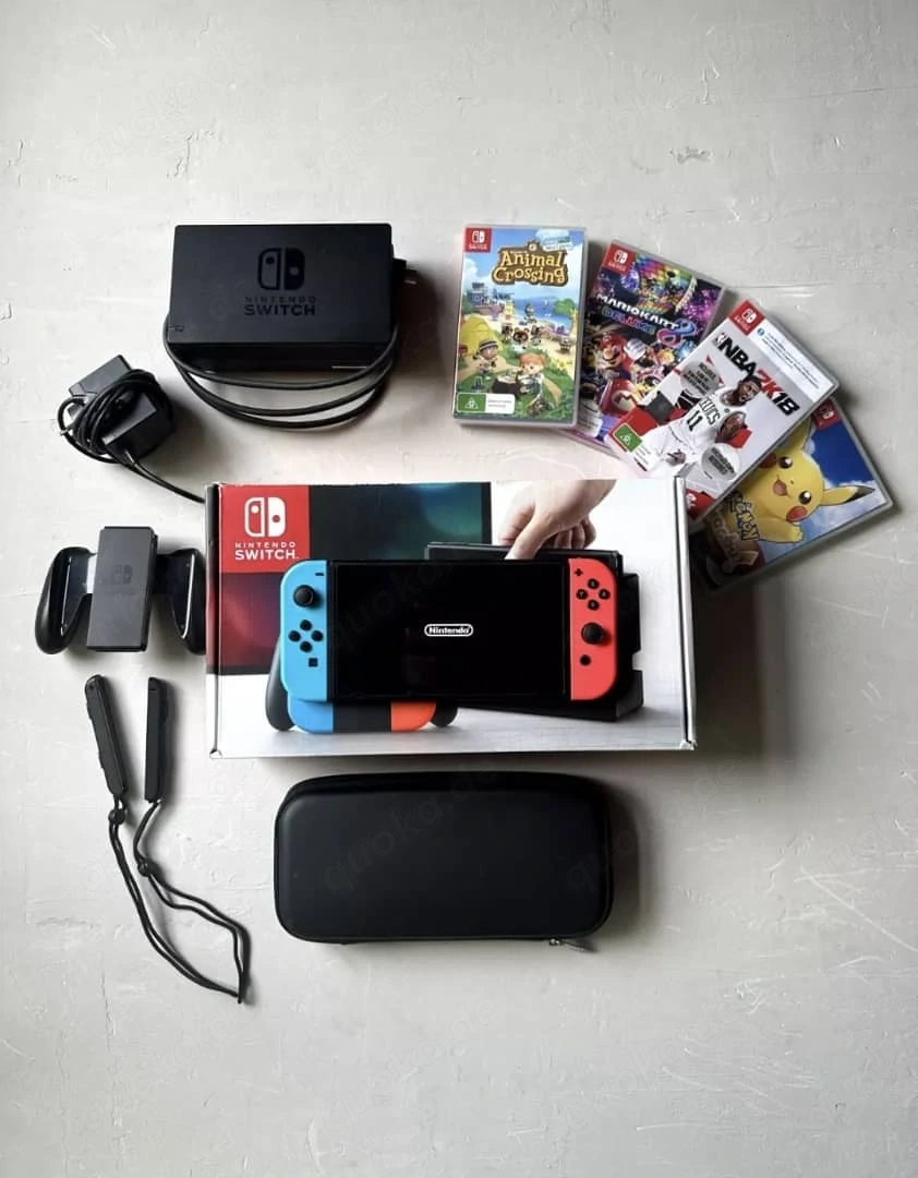 Neonrot blaue Nintendo Switch Joy-Con-Konsole mit Box, Spielen und Zubehör