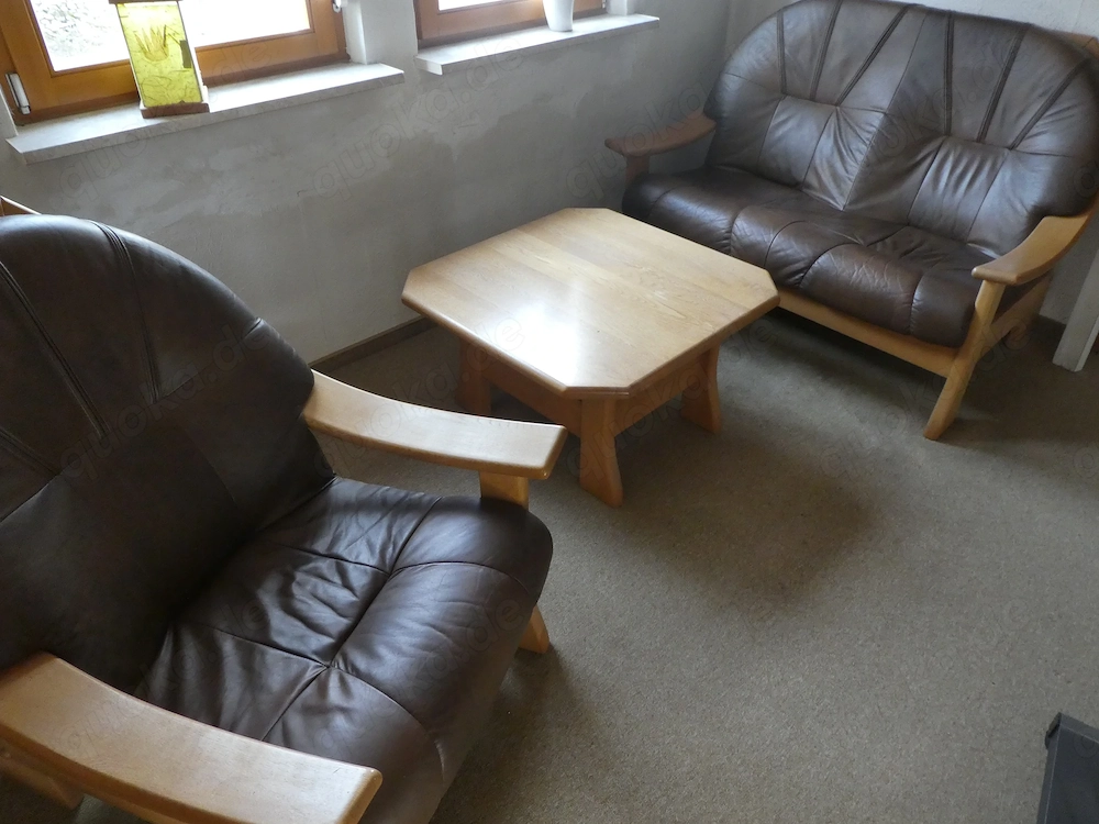 1er Sessel 2er und 3er Sofa Leder Gestell Eiche mit 2 Eichetische