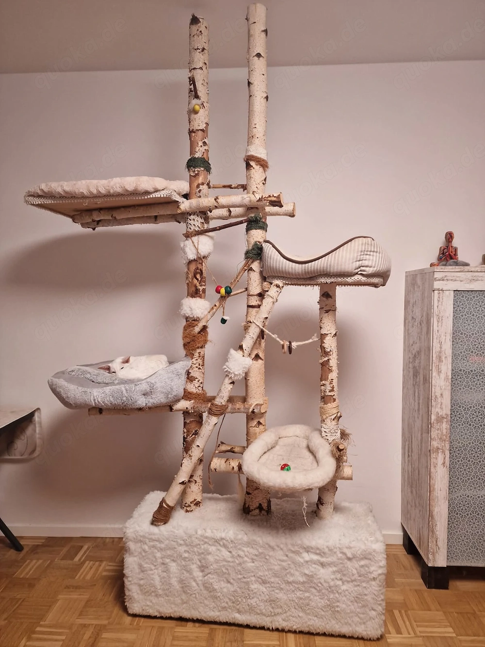 Großer Kratzbaum aus Birkenholz mit Kuschelbetten