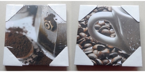 2 neue Wandbilder "Kaffee" - Stoff auf Holzrahmen 20x20cm Bild 1
