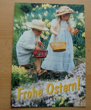 5 Oster Grußkarten Osterkarten mit Kuvert, Gobelinbild "Hasen" Bild 1