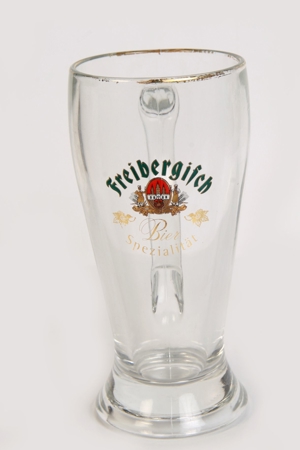 Orig.Freibergisch Bierspezialität Glaskrug Bierkrug Bierseidel Brauereiglas Henkelglas 0,4 L DDR