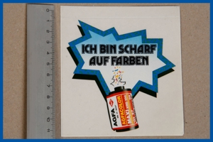 Agfa Aufkleber/Sticker-ICH BIN SCHARF AUF FARBEN 11x11 transparent Sammler 70er