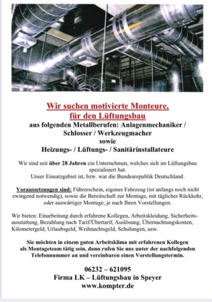 Monteur für den Lüftungsbau gesucht zur Festeinstellung gesucht