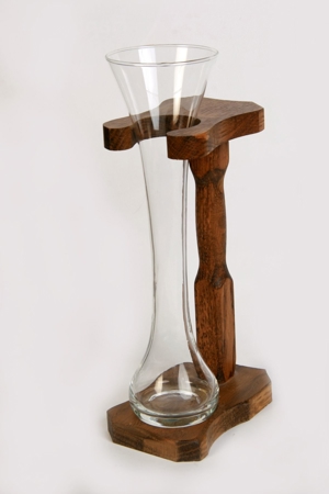 Glas-Blumenvase im Gestell handarbeit 30 cm Holzständer Eiche vintage 60er