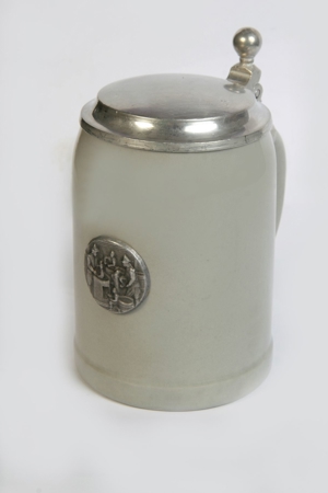 Steinbierkrug Bierseidel Bierhumpen m. Deckel Färbermotiv Zinn 0,5L Sammlerkrug