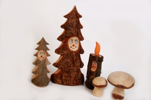 Weihnachtsdeko Holz Tannenbäume-Wichtel m.Gesicht Kerze Pilze Handarbeit31cm rustikal