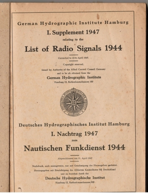 Deutsches Hydrographisches Institut Hamburg I. Nachtrag 1947 zum Nautischen Funkdienst 1944 Bild 1