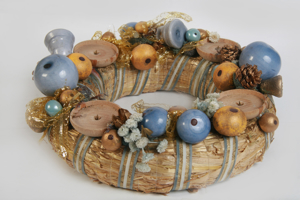 Vintage Adventskranz Stroh blau gold Holz Äpfel Tannenzapfen Ø 27cm