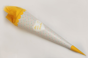 Vintage Schultüte Herzchen Goldbuch rund gelb Pappe 70cm mit Filz 70/80er