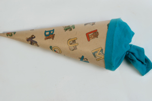 Vintage Geschwister-Schultüte ABC Tiere Naturtöne rund türkis Pappe 30cm mit Filz 70/80er