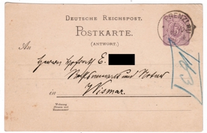 Deutsche Reichspost, Postkarte, Antwort anno 1888