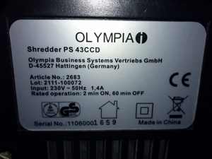 Aktenvernichter Olympia PS 43 CCD Als Ersatzteil   defekt Bild 5