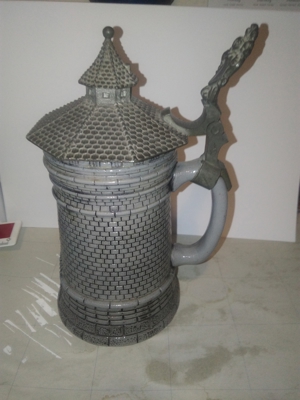 Antiker Bierkrug Turm Motiv mit Zinn Deckel vor 1945 Bild 3