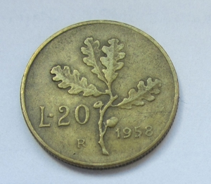 ITALIEN 20 Lire Münze 1958 VZ - ss. erhalten, seltene Ausgabe Bild 2