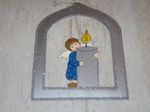 Fensterbild Holz Engel Kerze 22,5 cm silber Weihnachten