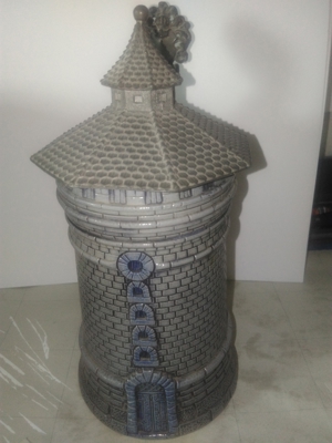 Antiker Bierkrug Turm Motiv mit Zinn Deckel vor 1945