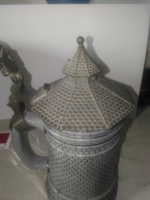 Antiker Bierkrug Turm Motiv mit Zinn Deckel vor 1945 Bild 14