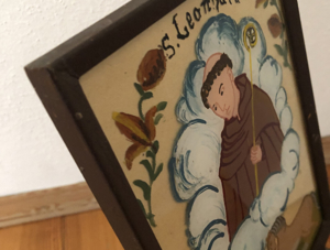 St. Leonhard, alte Hinterglasmalerei, Hinterglasbilder, religiöse Volkskunst Pferdeapostel, Votiv Bild 3