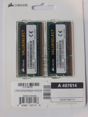 DDR3 2x4GB Notebook Speicher Corsair 1333MHz neu orginalverpackt