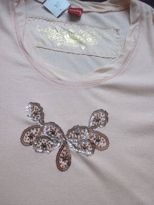NEU m. E. Glitzer Pailletten-Stickerei Dreiviertelarm Bodycon Ripp T- Shirt "olsen" Gr. 42- 44/ M- L