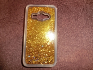 HANDYHÜLLE für Samsung Galaxy J1 Backcover/ Gold-Glitzer flüssig