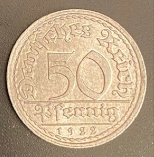 50 Pfennig "E" Kursmünze von 1922 Weimarer Republik Deutsches Reich Umlaufmünze         Bild 1
