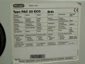 Klima DeLonghi PAC 22 ECO SD Kühlleistung 2400W, Entfeuchtung 1l h, Stromaufnahme 950W Bild 9